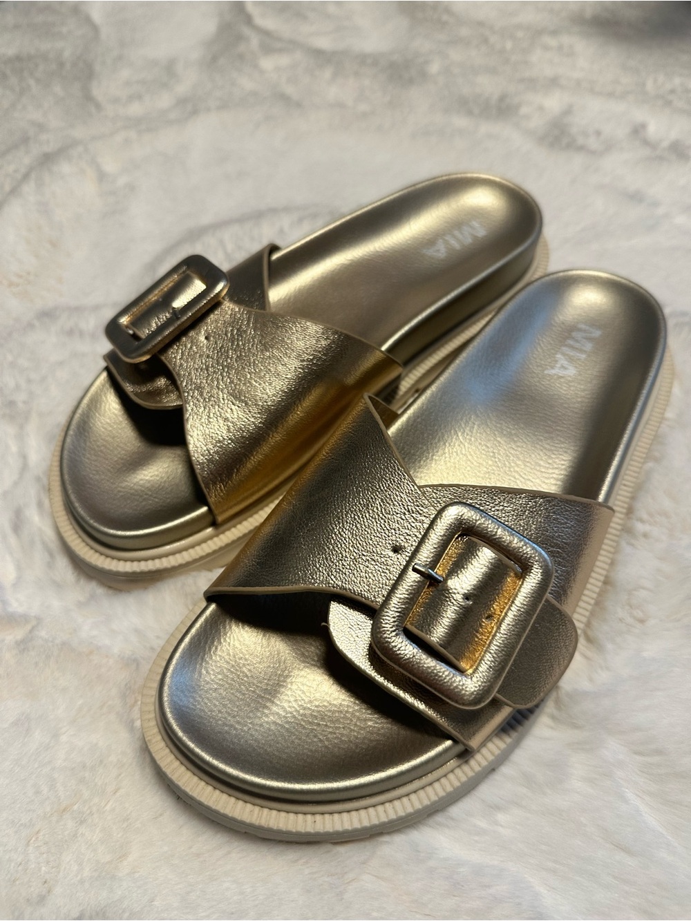 Metallic Gold Slide Sandals with Buckle